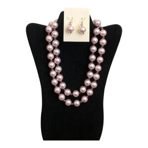 Handmade Light Pink Pearl Like Beads Long Necklace Matching Dangle Earrings Set
